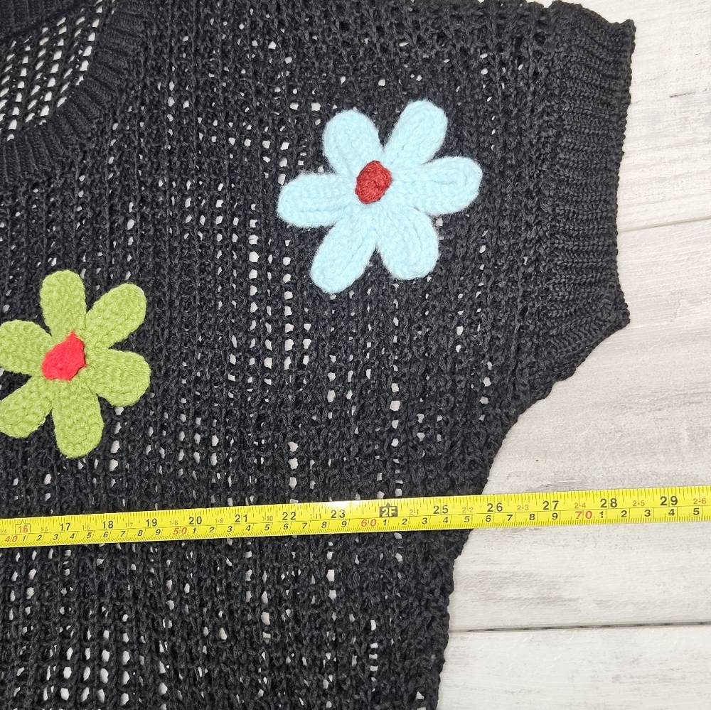 Crochet Mesh Knit Top XL Colorful Floral Appliques Short Sleeve Festival Boho - Picture 5 of 14
